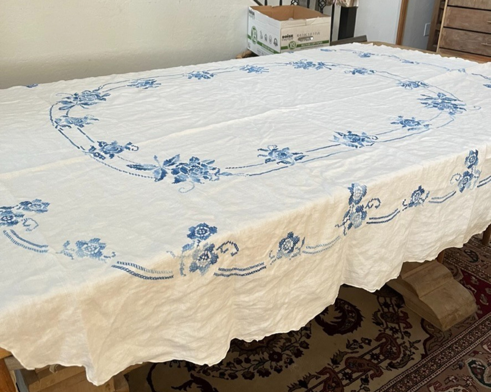 Vintage White Oval Linen Tablecloth 63"x 76" Blue Floral Cross-Stitch Embroidery